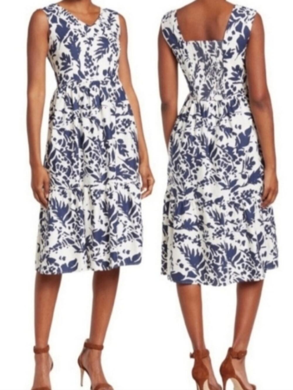 MAGASCHONI Bold Shadow Fauna Blue Floral Linen Blend Midi Dress Wedding Size 6